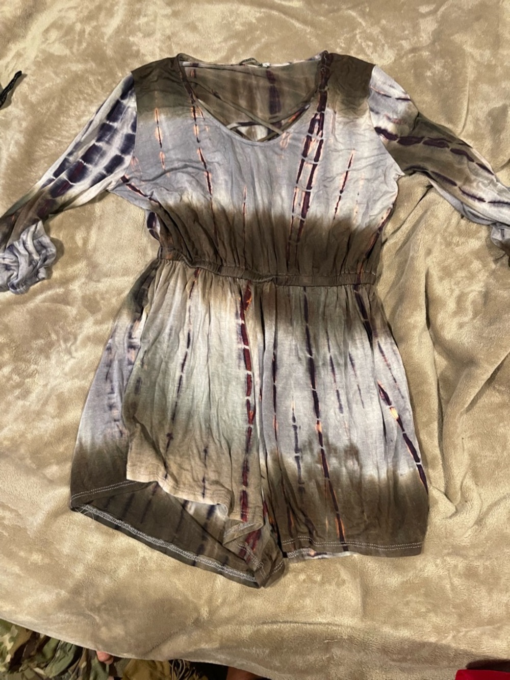 Tie-Dye Boho Romper in Olive, Gray & Purple